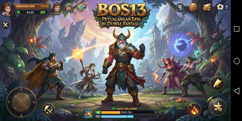 Screenshot gameplay BOS13 menampilkan pertempuran seru di dunia fantasi.