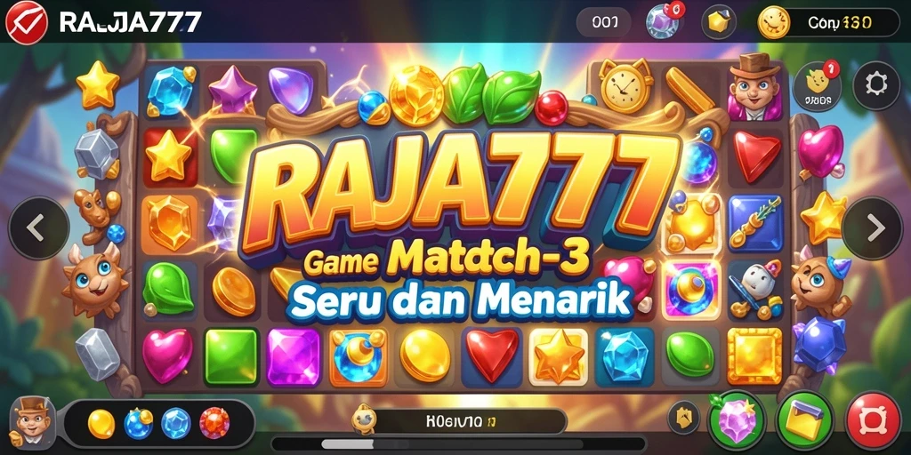 Tampilan screenshot utama RAJA777 menampilkan gameplay Match-3 yang mengasyikkan.